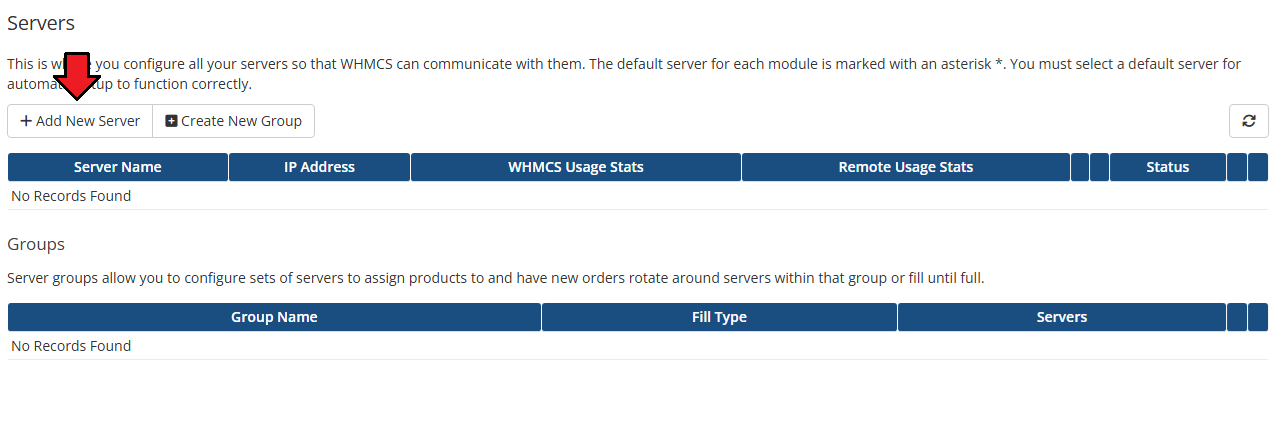 AdminBolt Licenses For WHMCS: WHMCS Servers page with the Add New Server button highlighted and no servers listed