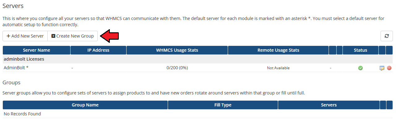 AdminBolt Licenses For WHMCS: WHMCS Servers list with the AdminBolt server added and the Create New Group button