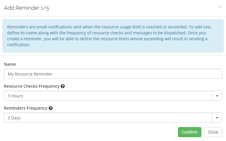 Advanced Billing 3.X For WHMCS: Add Reminder dialog with the name field and the two frequency dropdowns
