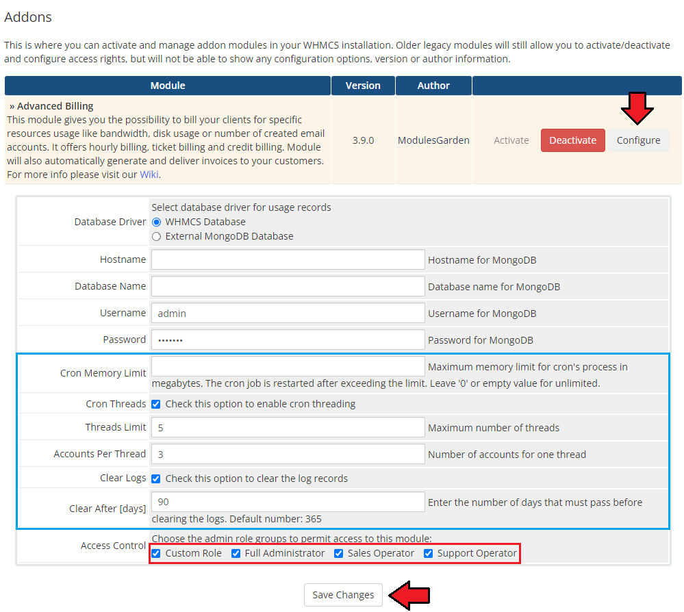 Advanced Billing 3.X For WHMCS: addon configuration with database, cron, logs and access control settings