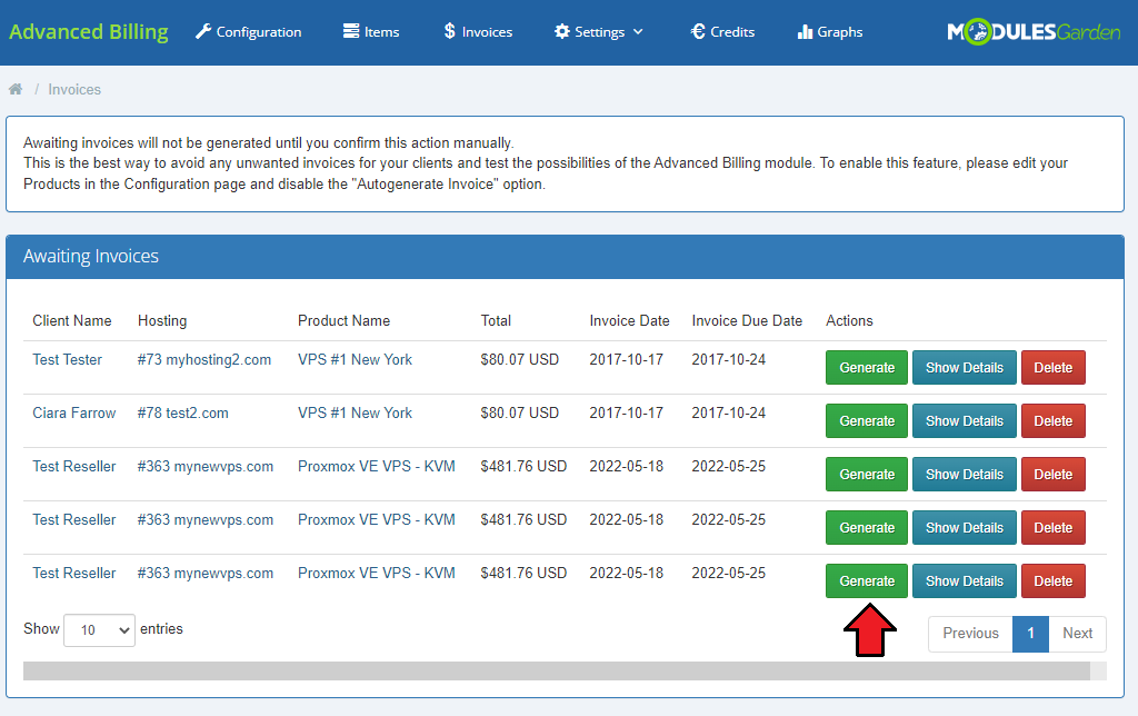 Advanced Billing 3.X For WHMCS: Awaiting Invoices list with the Generate button highlighted