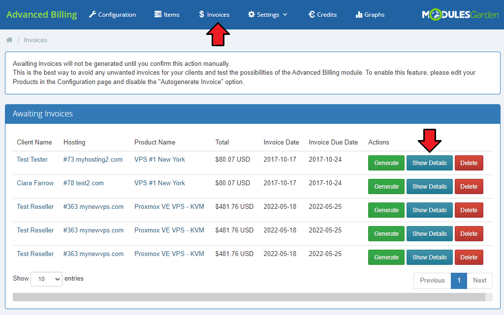 Advanced Billing 3.X For WHMCS: Invoices page with Awaiting Invoices and the Show Details button highlighted