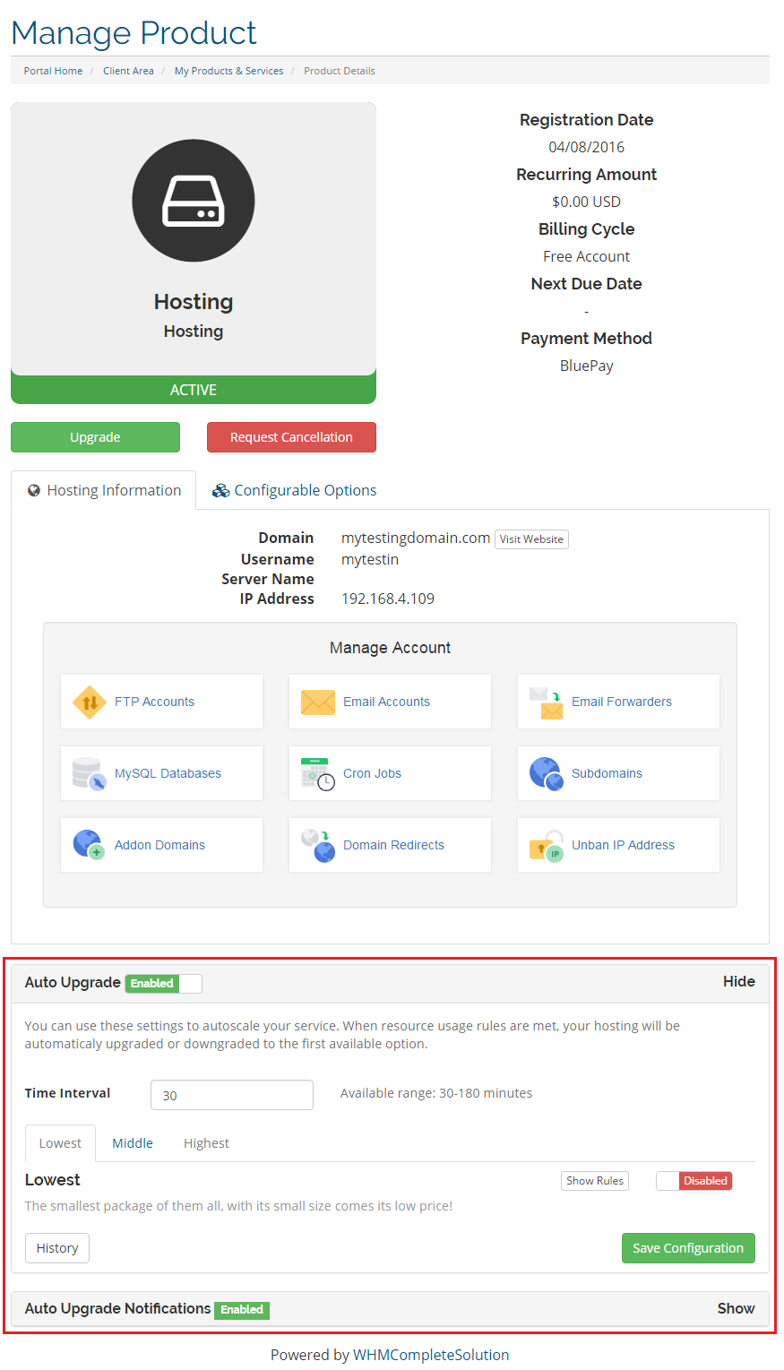Advanced Billing 3.X For WHMCS: client area Manage Product page with the Auto Upgrade and Auto Upgrade Notifications