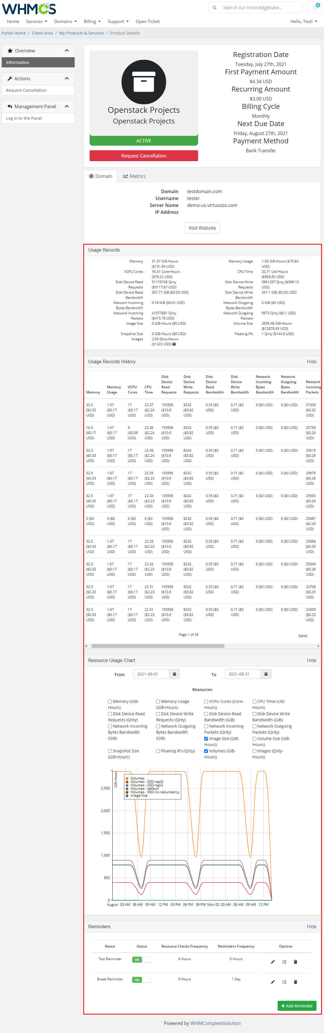 Advanced Billing 3.X For WHMCS: client area of OpenStack Projects with usage records, history, chart and reminders