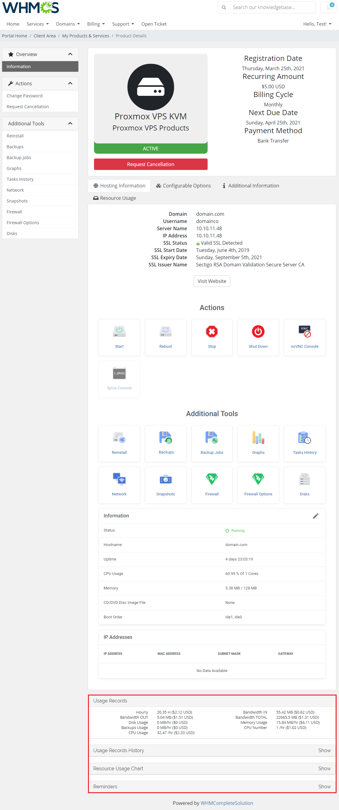 Advanced Billing 3.X For WHMCS: client area product page with the Usage Records, Resource Usage Chart and Reminders