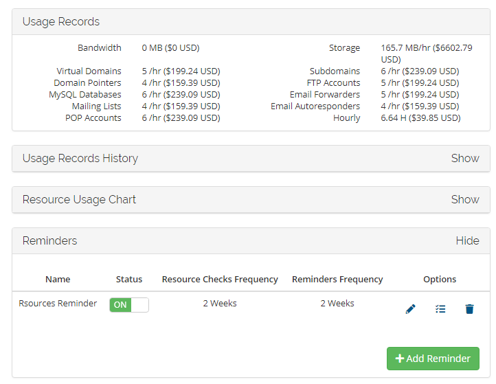 Advanced Billing 3.X For WHMCS: Client area Usage Records and the expanded Reminders section with the Add Reminder