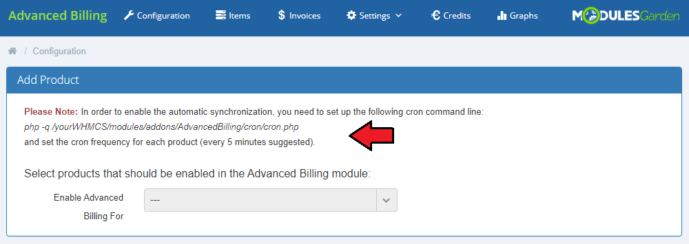 Advanced Billing 3.X For WHMCS: Configuration page with the cron command line note and product dropdown