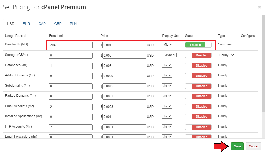 Advanced Billing 3.X For WHMCS: Set Pricing dialog for cPanel Premium with the Bandwidth usage record price and free