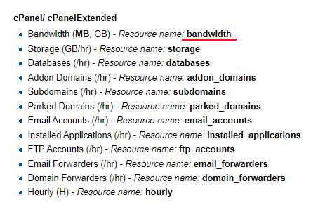 Advanced Billing 3.X For WHMCS: list of cPanel resource names with the bandwidth resource name underlined in red
