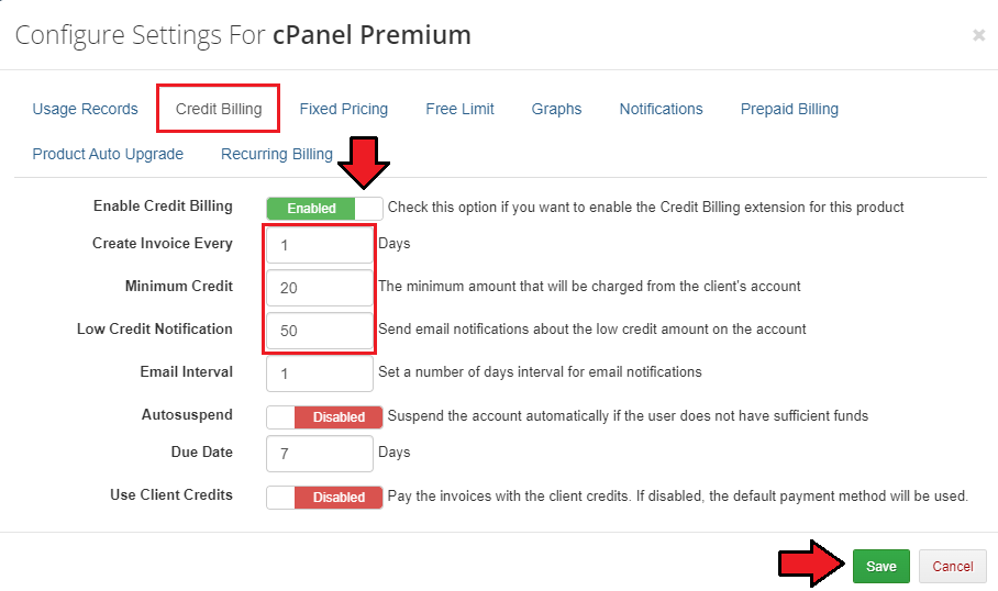 Advanced Billing 3.X For WHMCS: Configure Settings for cPanel Premium on the Credit Billing tab with credit fields