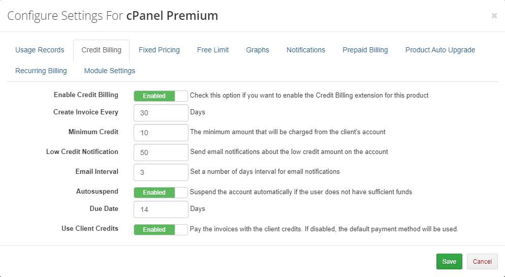 Advanced Billing 3.X For WHMCS: cPanel Premium settings modal with Credit Billing tab, autosuspend and due date options