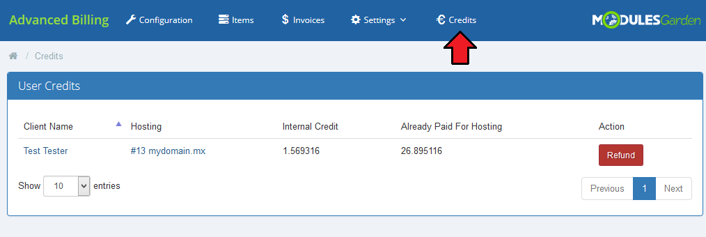 Advanced Billing 3.X For WHMCS: Credits page with the User Credits table and the Refund button