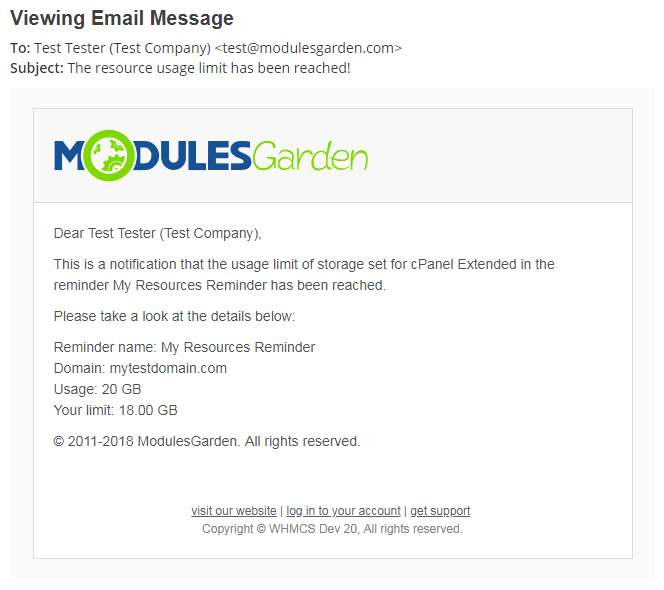 Advanced Billing 3.X For WHMCS: Email message sent to a client about a reached storage usage limit with reminder details