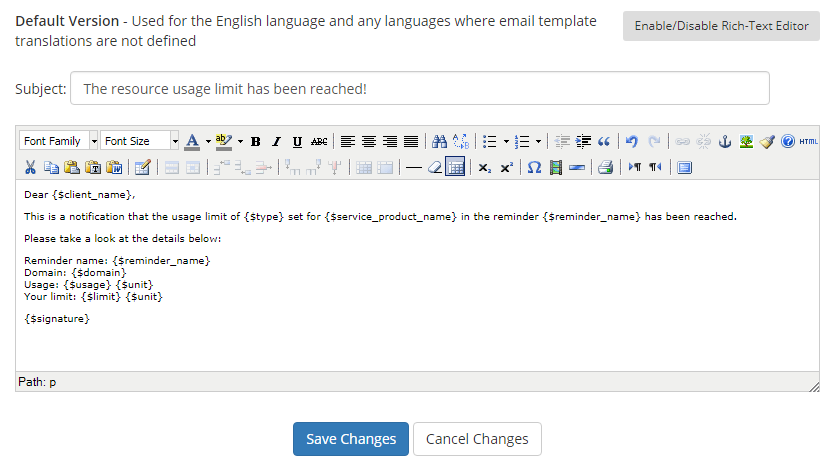 Advanced Billing 3.X For WHMCS: WHMCS email template editor with the resource usage limit message and its merge fields