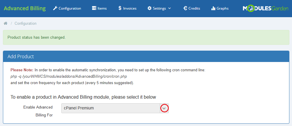 Advanced Billing 3.X For WHMCS: Configuration page with the Enable Advanced Billing For dropdown set to cPanel Premium