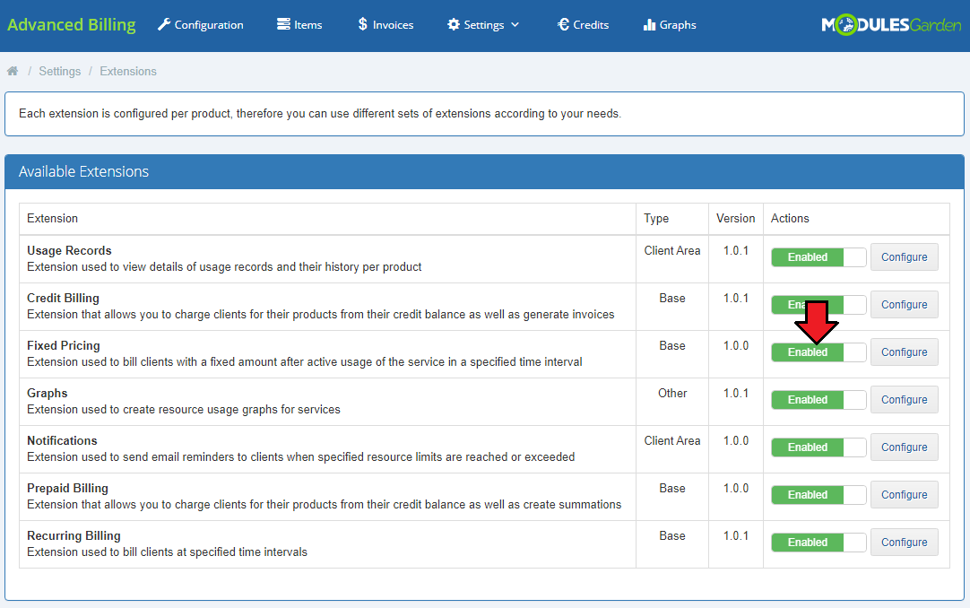Advanced Billing 3.X For WHMCS: Settings  Extensions list in the module with the Fixed Pricing extension switched on