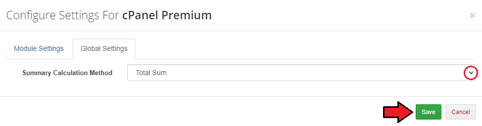Advanced Billing 3.X For WHMCS: Global Settings tab with the Summary Calculation Method set to Total Sum