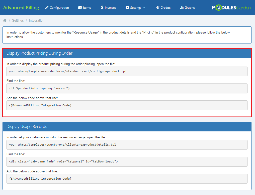 Advanced Billing 3.X For WHMCS: Integration page with the code for displaying product pricing during order