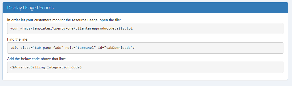 Advanced Billing 3.X For WHMCS: Integration page section Display Usage Records with the template file and code