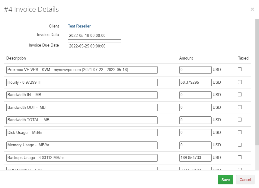 Advanced Billing 3.X For WHMCS: Invoice Details modal with client, dates and editable line items