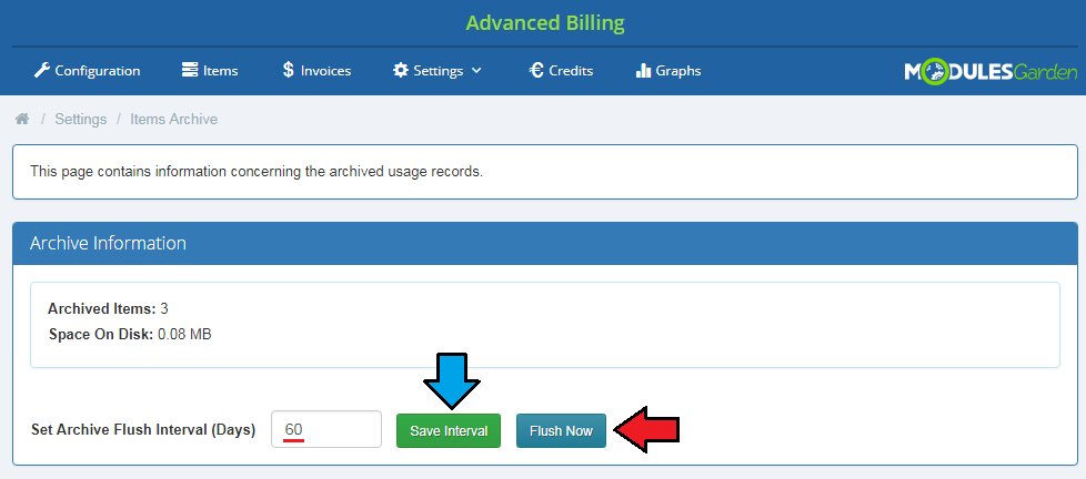 Advanced Billing 3.X For WHMCS: Items Archive page with flush interval field, Save Interval and Flush Now buttons
