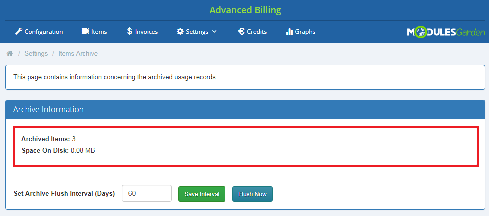 Advanced Billing 3.X For WHMCS: Items Archive page with archived items count and space on disk highlighted