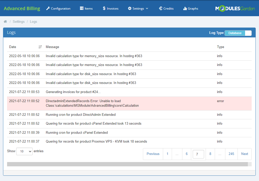 Advanced Billing 3.X For WHMCS: Logs page with Database log type showing info and error messages