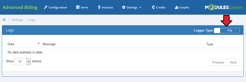 Advanced Billing 3.X For WHMCS: Logs page with the Logger Type switch set to File and an empty table