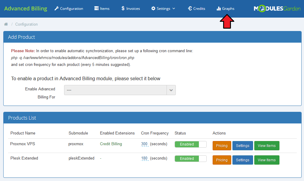 Advanced Billing 3.X For WHMCS: Configuration page with the new Graphs entry in the top navigation menu marked by an