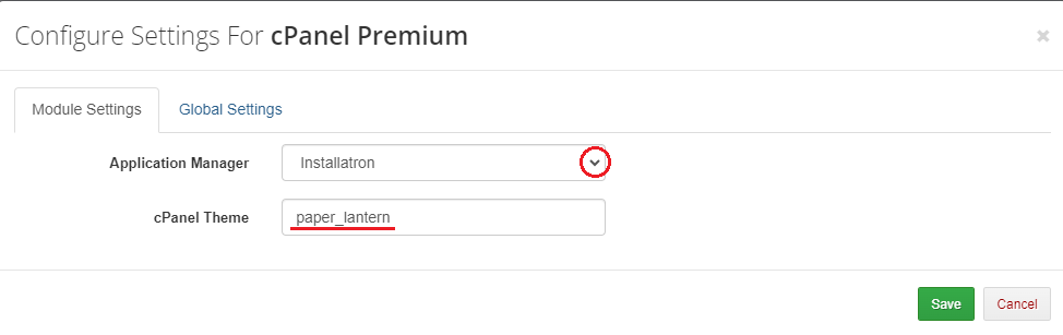 Advanced Billing 3.X For WHMCS: Settings modal for cPanel Premium with Application Manager and cPanel Theme fields