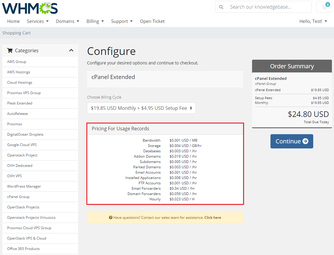 Advanced Billing 3.X For WHMCS: order form with the Pricing For Usage Records box for cPanel Extended