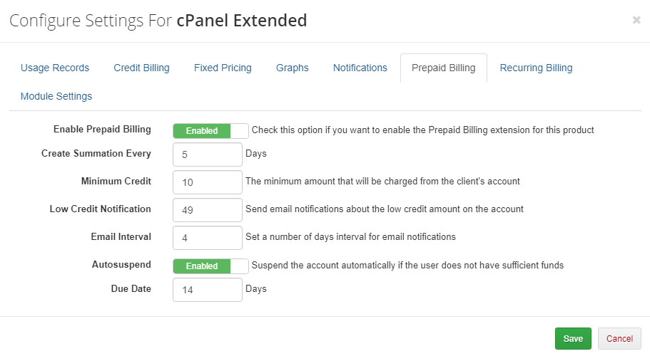 Advanced Billing 3.X For WHMCS: cPanel Extended settings modal with Prepaid Billing tab, summation and autosuspend