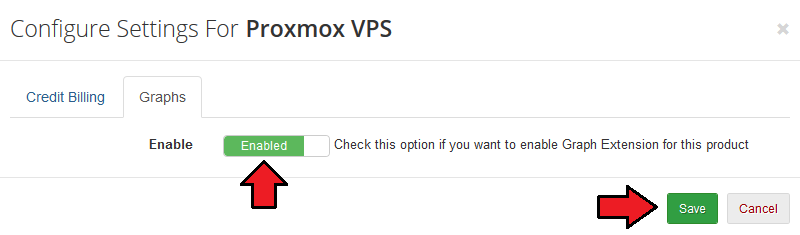 Advanced Billing 3.X For WHMCS: Configure Settings modal for Proxmox VPS with the Graphs tab, Enable switch and Save