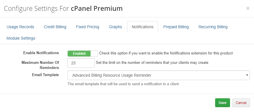 Advanced Billing 3.X For WHMCS: Settings modal with the Notifications tab, maximum reminders limit and email template