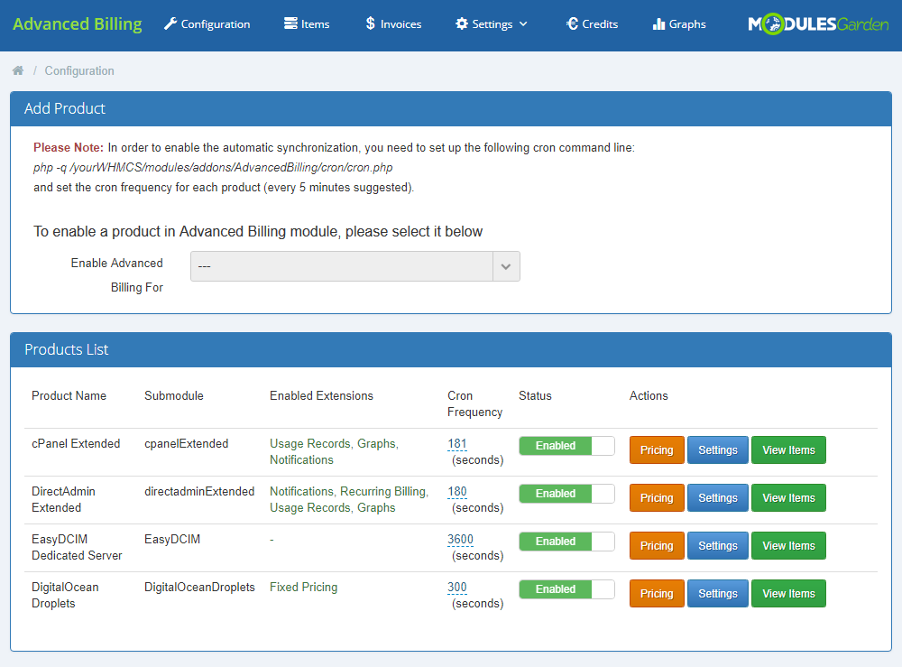 Advanced Billing 3.X For WHMCS: Products List with the Pricing, Settings and View Items buttons