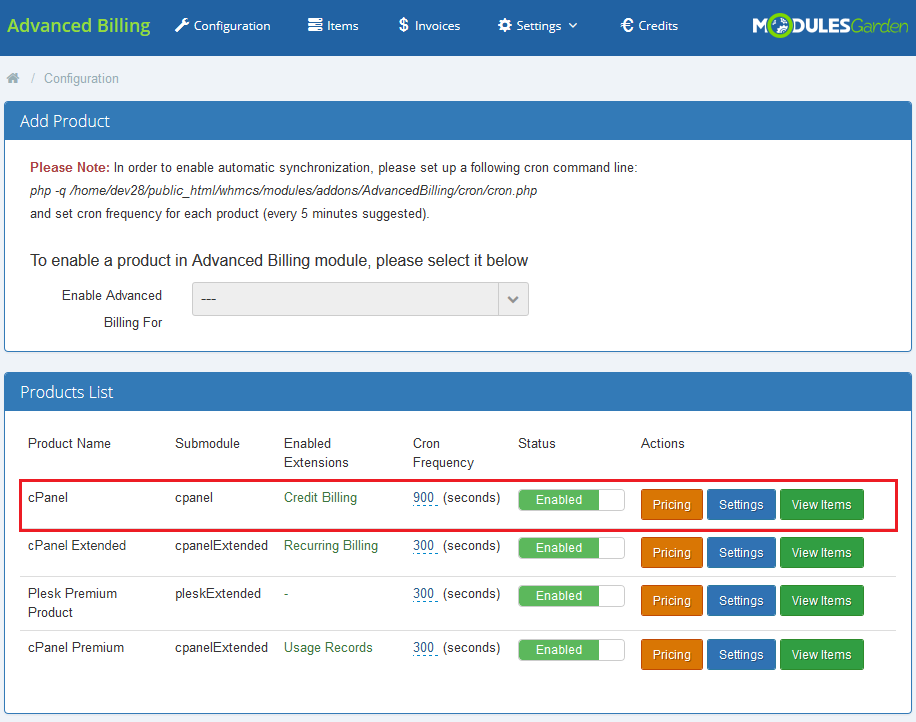 Advanced Billing 3.X For WHMCS: Advanced Billing products list with the cPanel row using Credit Billing highlighted