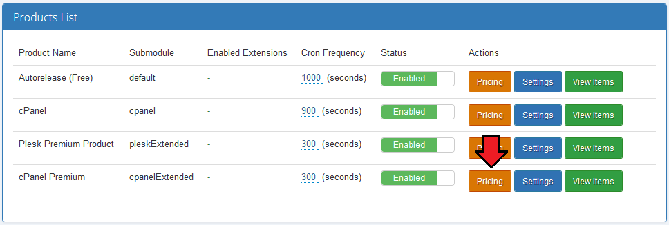 Advanced Billing 3.X For WHMCS: Products List with the Pricing button highlighted for cPanel Premium
