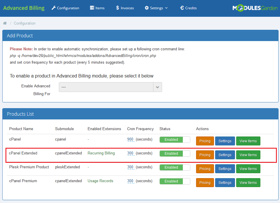Advanced Billing 3.X For WHMCS: Products list with the cPanel Extended row using Recurring Billing highlighted