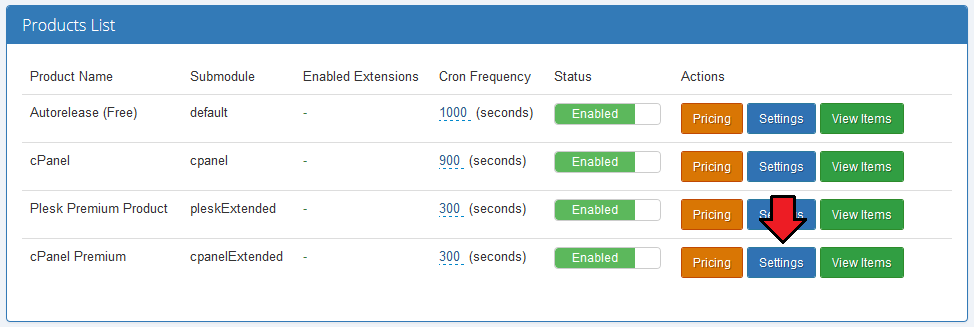 Advanced Billing 3.X For WHMCS: Products List with the Settings button highlighted for cPanel Premium