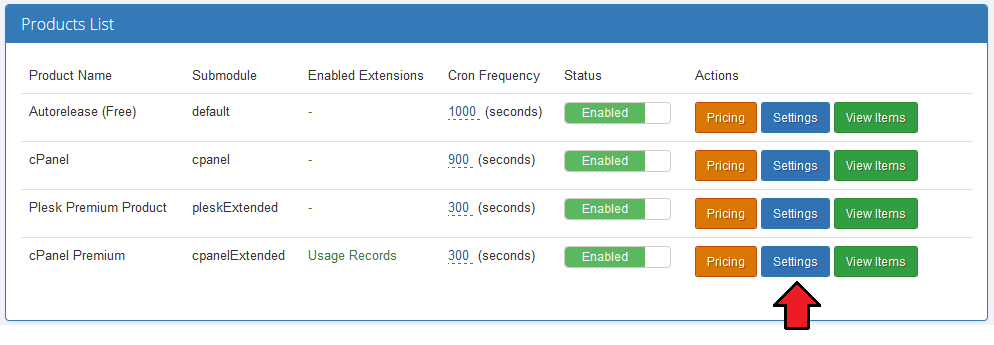 Advanced Billing 3.X For WHMCS: Products List with the Settings button highlighted, Usage Records enabled for cPanel