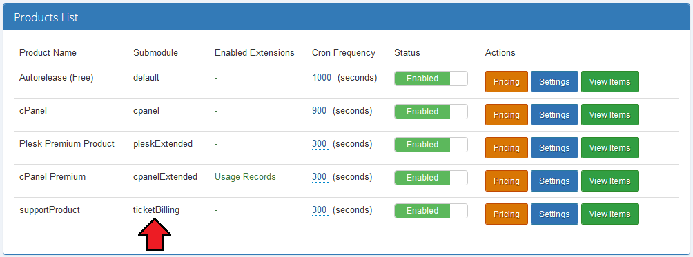 Advanced Billing 3.X For WHMCS: Advanced Billing products list with the ticketBilling submodule row marked