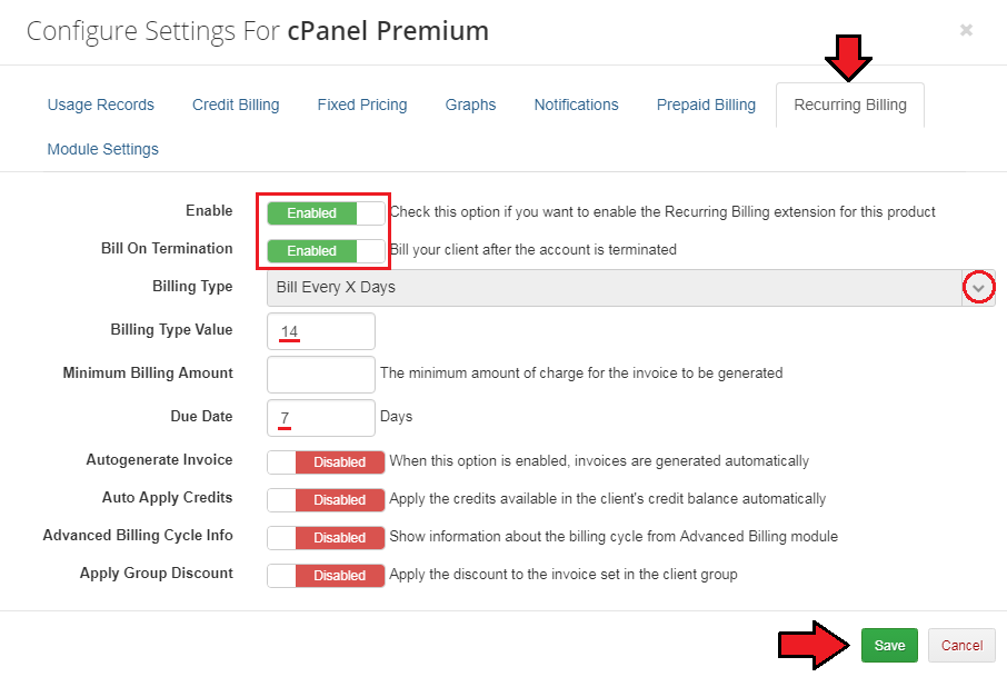 Advanced Billing 3.X For WHMCS: Configure Settings for cPanel Premium on the Recurring Billing tab with Bill Every X