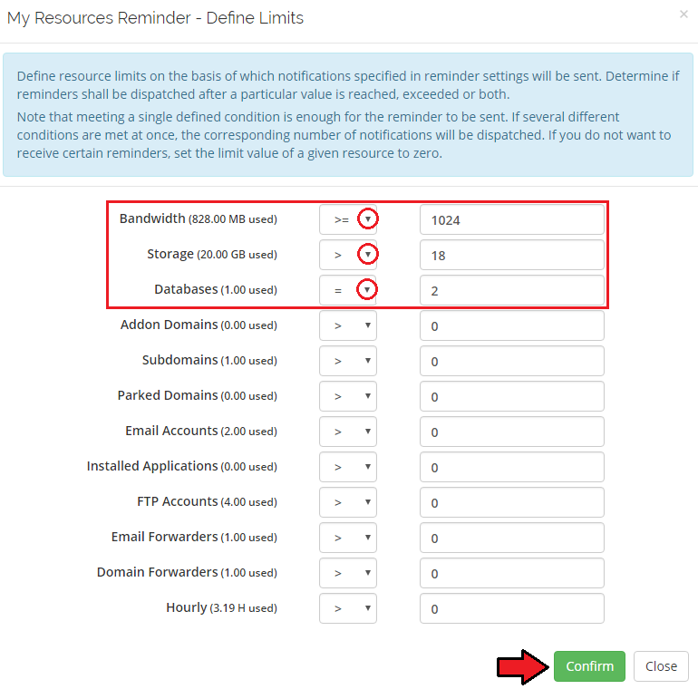 Advanced Billing 3.X For WHMCS: Define Limits dialog with resource limit operators and values and the Confirm button
