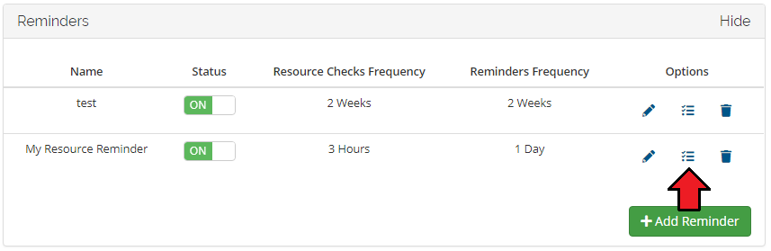 Advanced Billing 3.X For WHMCS: Client area Reminders table with the limits icon in the Options column marked by an
