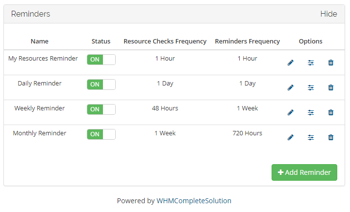Advanced Billing 3.X For WHMCS: Client area Reminders table with several reminders, status switches and option icons