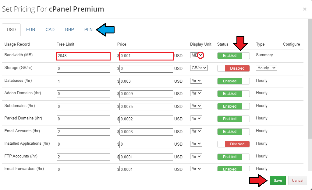 Advanced Billing 3.X For WHMCS: Set Pricing modal for cPanel Premium with free limits, prices and status per resource