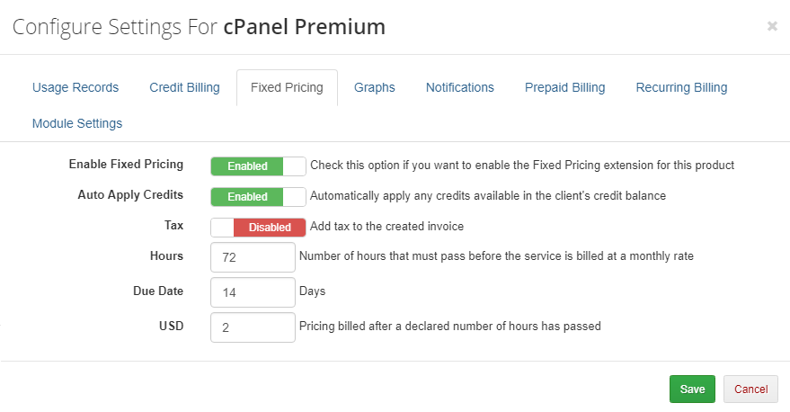 Advanced Billing 3.X For WHMCS: Settings modal with the Fixed Pricing tab, hours threshold, due date and price fields