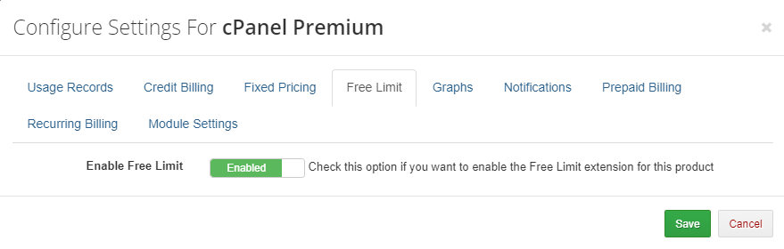 Advanced Billing 3.X For WHMCS: Configure Settings modal with the Free Limit tab and the Enable Free Limit switch