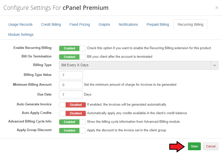 Advanced Billing 3.X For WHMCS: Settings modal for cPanel Premium with the Recurring Billing tab options and Save button