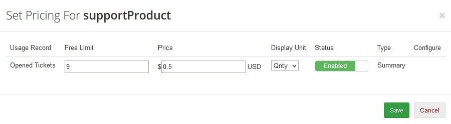 Advanced Billing 3.X For WHMCS: Set Pricing dialog for supportProduct with the Opened Tickets record, free limit and